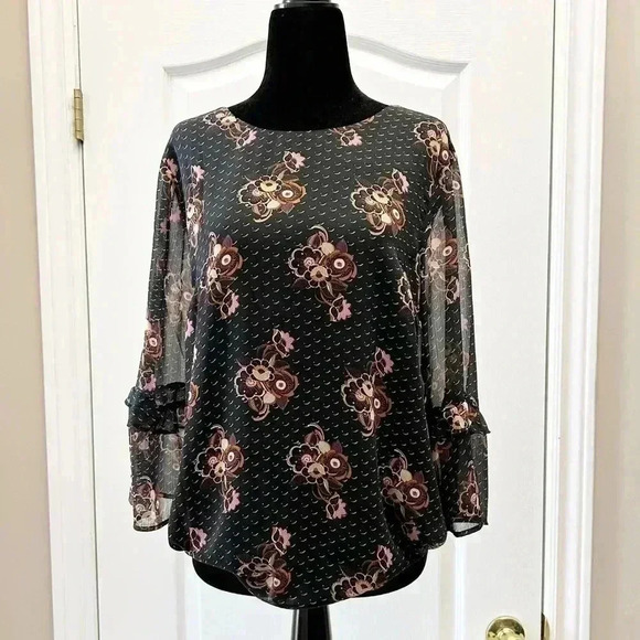 DR2 Blouse Sheer Ruffle Sleeve Bohemian Dark Floral Flowy Black Brown Small - Picture 11 of 12